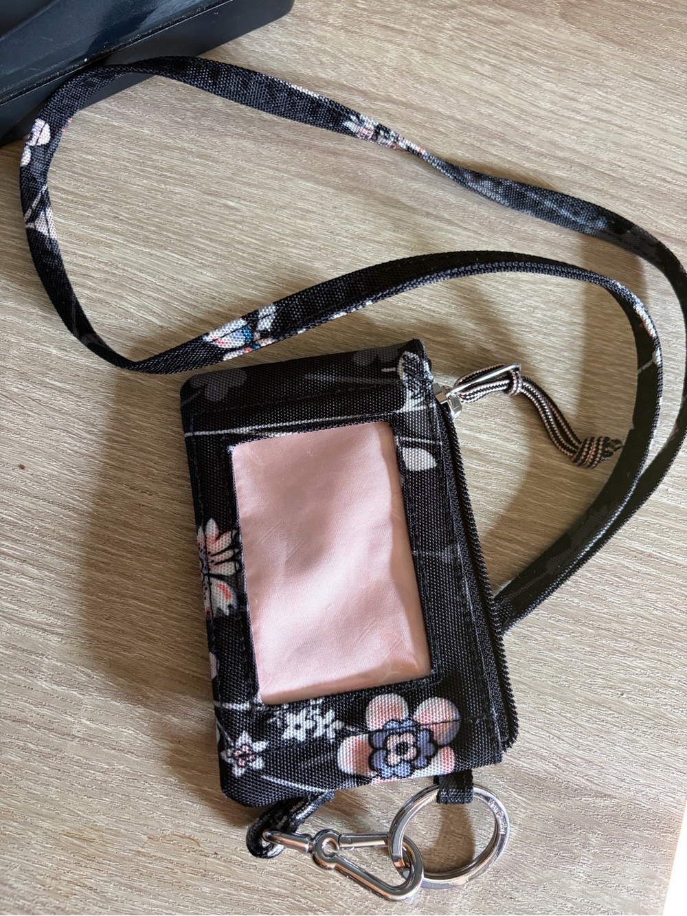 Vera Bradley Black Floral Lanyard ID Wallet with Pink Accent